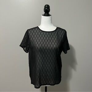 Soaked in Luxury Black Sheer Diamond Pattern Short Sleeve Rounded Collar Top